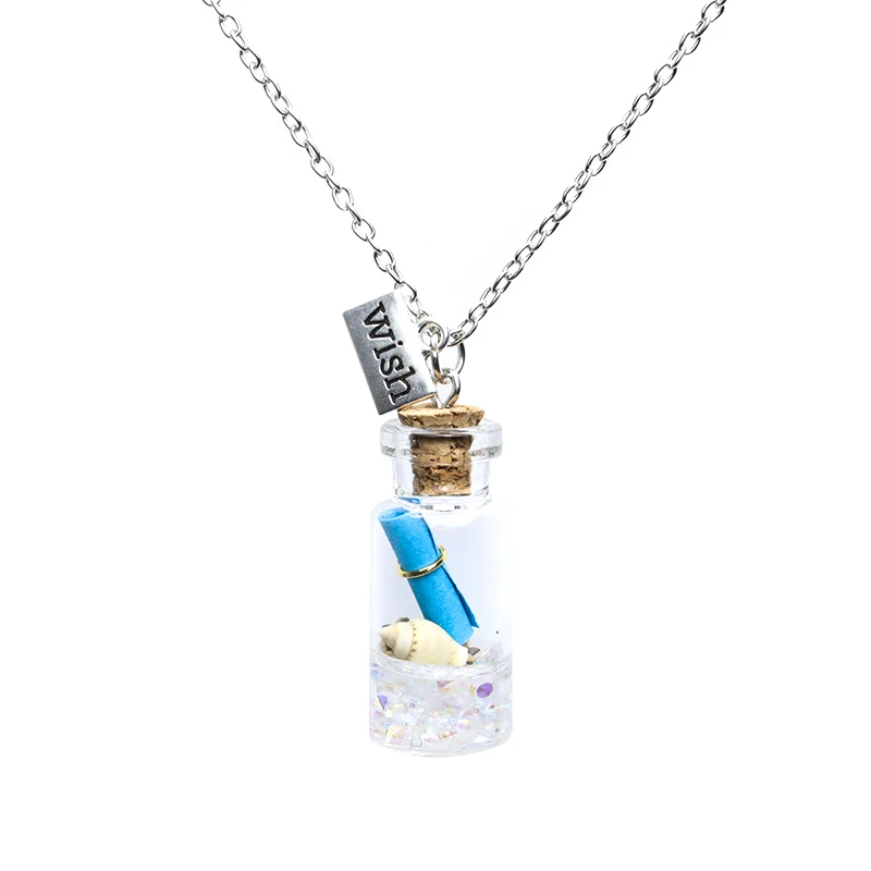 Цепочка с подвеской в виде бутылки желаний прозрачным стеклом бумага