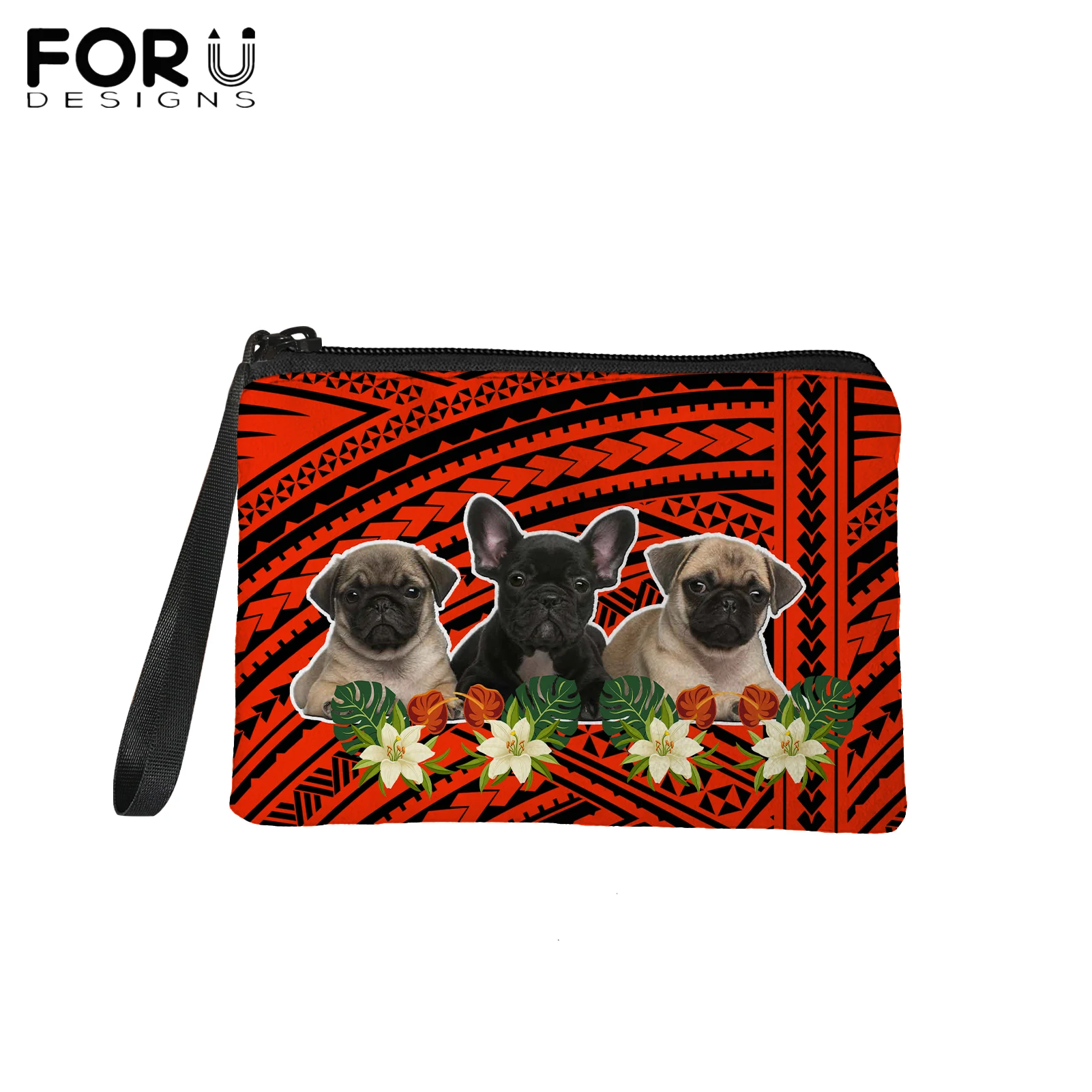 

FORUDESIGNS Brand Design Polynesian Plumeria Pug Print Women Coin Purse Zipper Tote Card ID Holder Clutch Ladies Money Bag Bolsa
