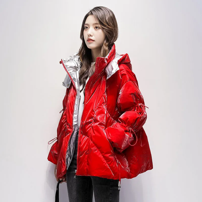 No Wash Down Cotton Coat Women 2022 Winter New INS Fashion Loose Letter Print Streetwear Patent Leather Shiny Coat LR2149