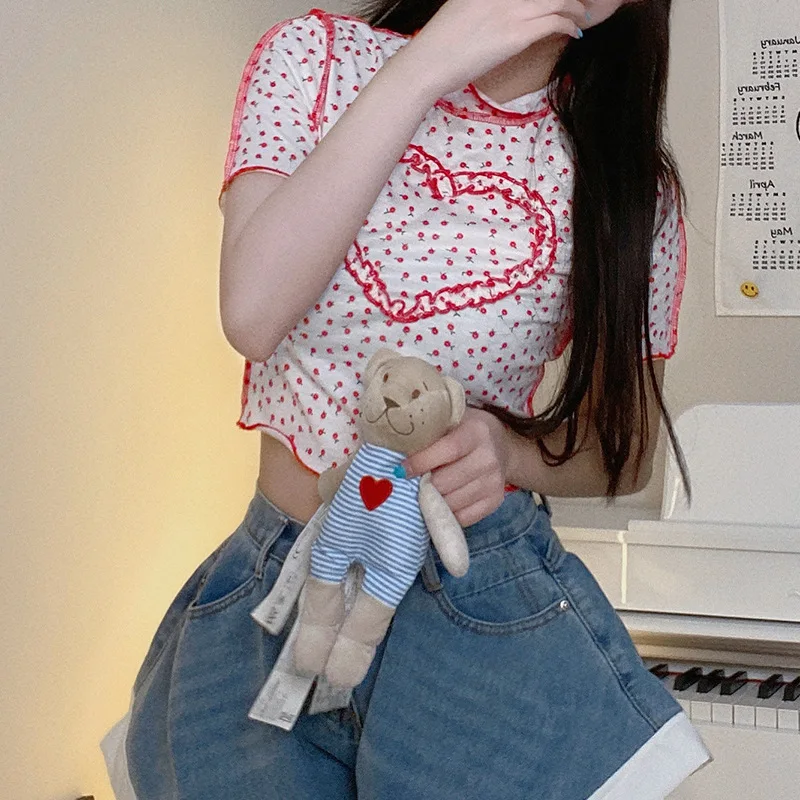 

Flower love stitching contrast color cute girl series summer new women's short T-shirt women