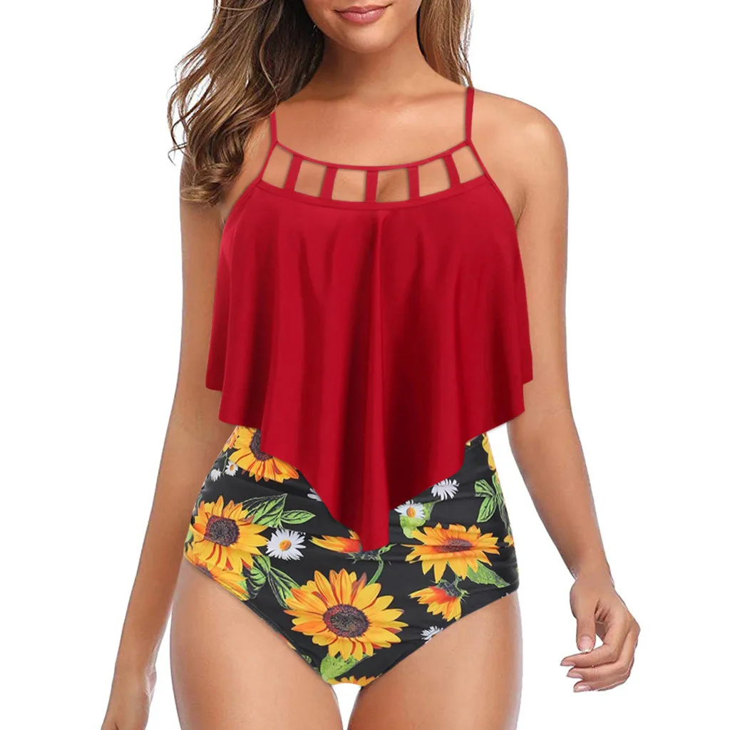 Сексуальный женский комплект бикини купальник с рюшами и цветочным принтом