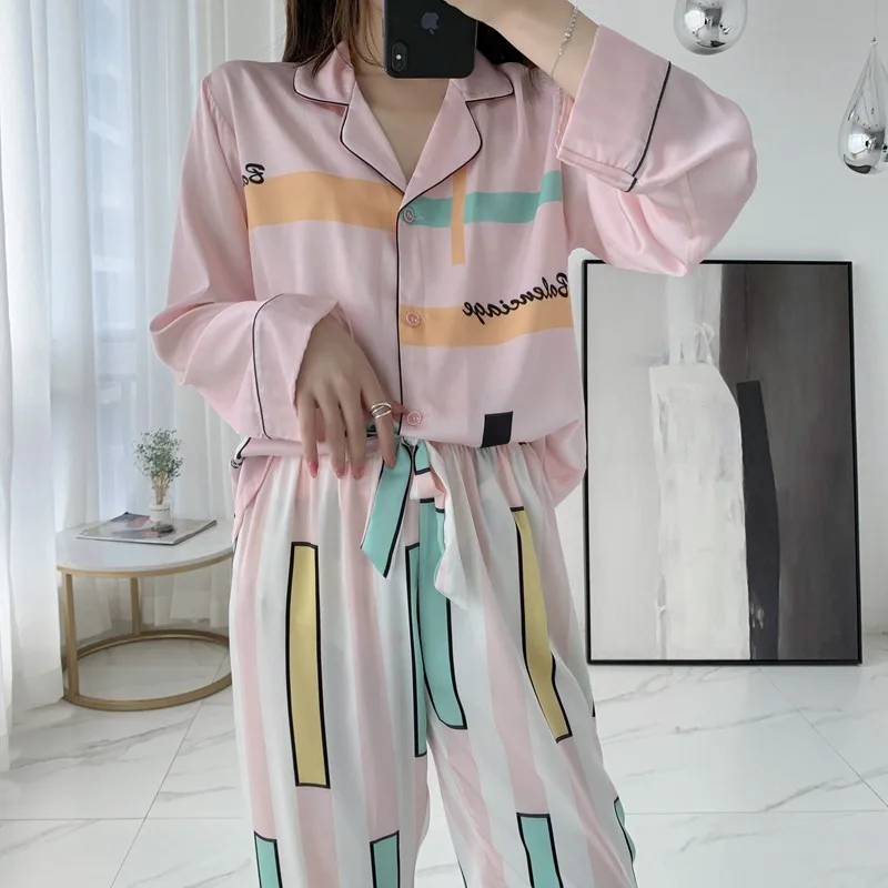 

2020 New Ice Silk Simple Natural Cardigan Two - Piece Long - Sleeved Trousers Pajamas Ladies Thin Homewear