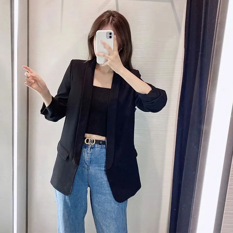 

Nlzgmsj england simple office lady solid shawl collar roll up sleeve blazer women blazer mujer 2020 women blazers and jackets