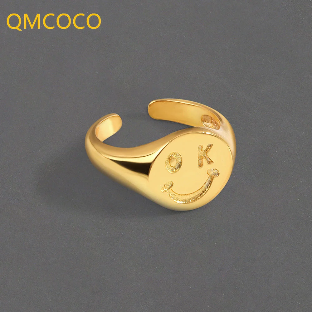 

QMCOCO Silver Color Wide Rings Accessories Trendy Hip-Hop Vintage Simple OK Smiley Face Party Jewelry For Women Girl Gifts