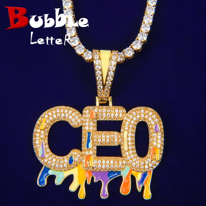 Bubble Letter Custom Name Necklace for Men Personalized Pendant Solid Back Drippy Real Gold Plated Glow In Dark  Hip Hop Jewelry