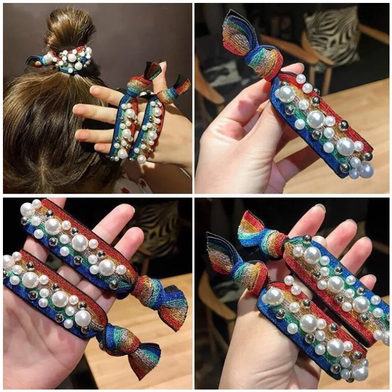 

Adult Small Fresh Hair Accessories Ins Wind Rainbow Pearl Hair Rope Tie Hair Leopard Ball Head Rubber Band Retro Hair Ring