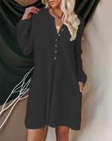 autumn and winter solid v neck long sleeve twist button casual dress womens wear