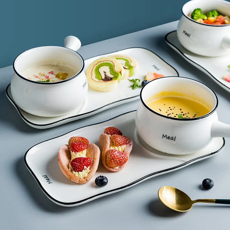 Nordic Handle Instant Noodle Dessert Oatmeal Baking Roast Breakfast Bowl Afternoon Tea Cup Creative Ceramic Tableware Set
