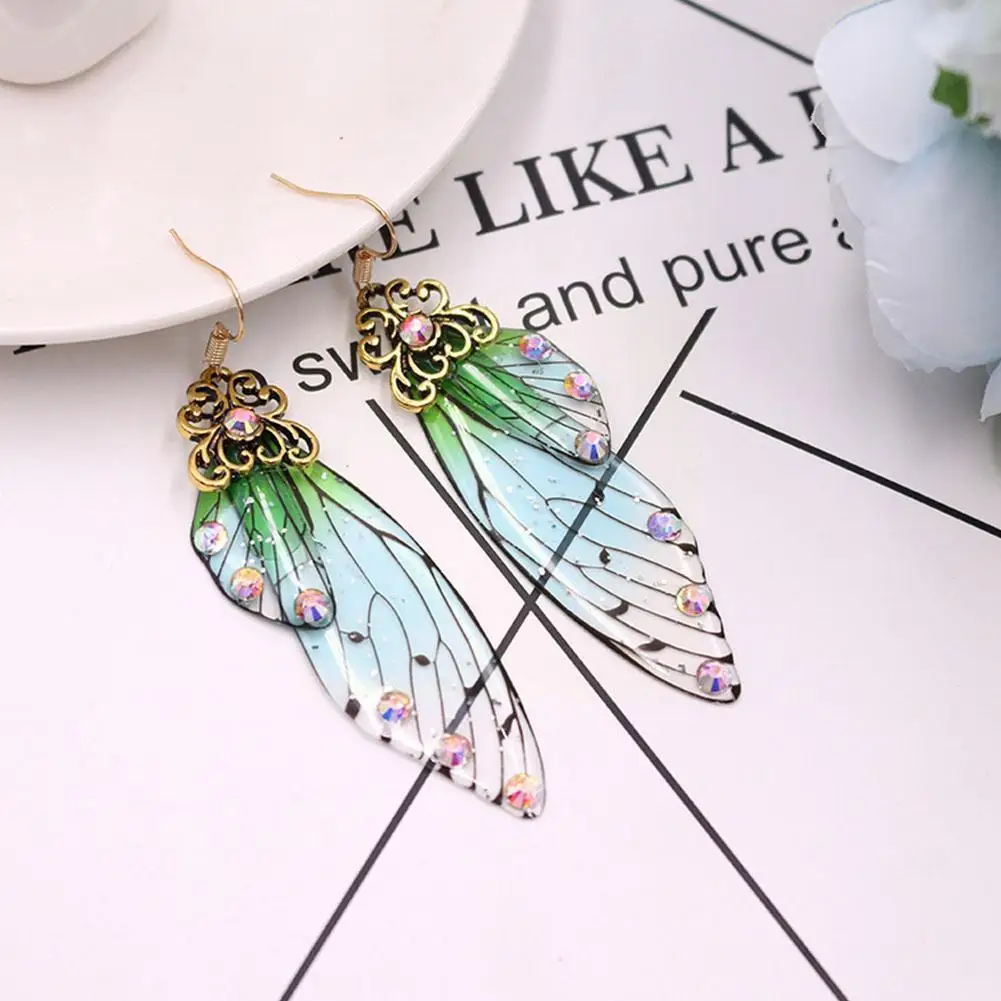 

Romantic Wedding Bridal Jewelry New Handmade Fairy Rhinestones Earrings Butterfly Resin Simulation Drop Wing K0L0
