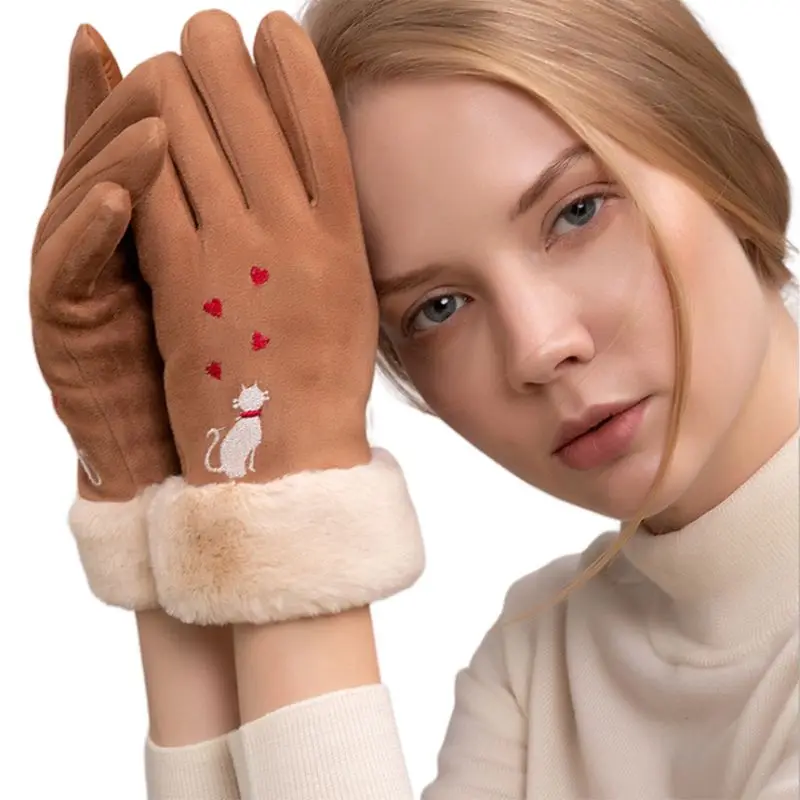 

Womens Cute Cat Embroidery Winter Full Finger Touchscreen Gloves Thick Plush Linging Hand Warmer Outdoor Ski Windproof Mittens