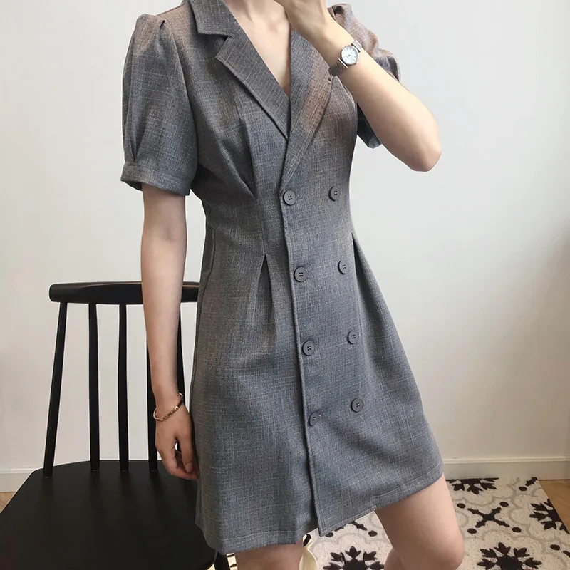 

Casual Women Short Summer Dress Ladies Puff Sleeve High Waist Office Dress Female Turn Down Collar Dress for OL Vestidos