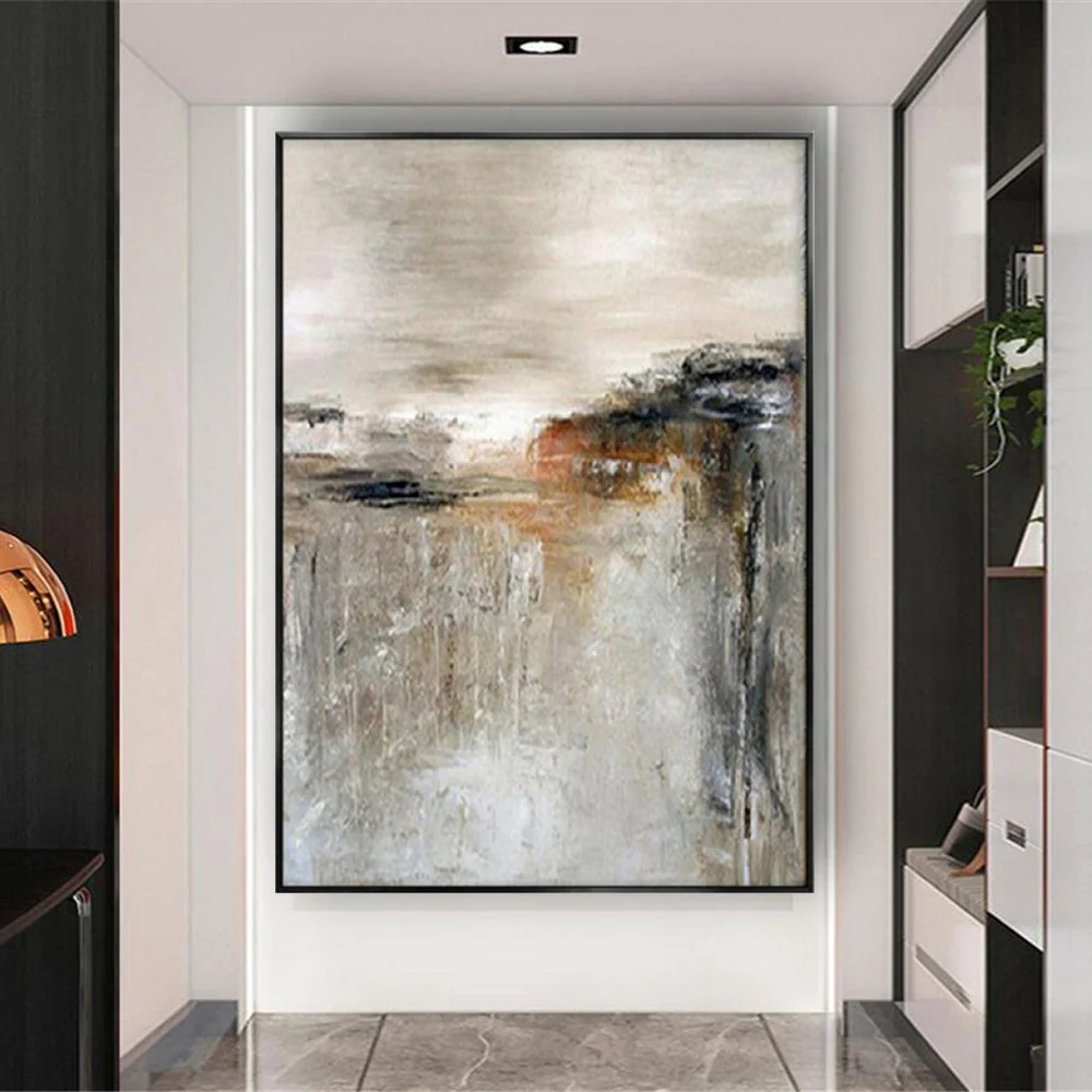 

100% ручная роспись маслом на холсте, настенное искусство, Современная золотисто-серая винтажная роспись, абстрактная роспись восхода солнца...