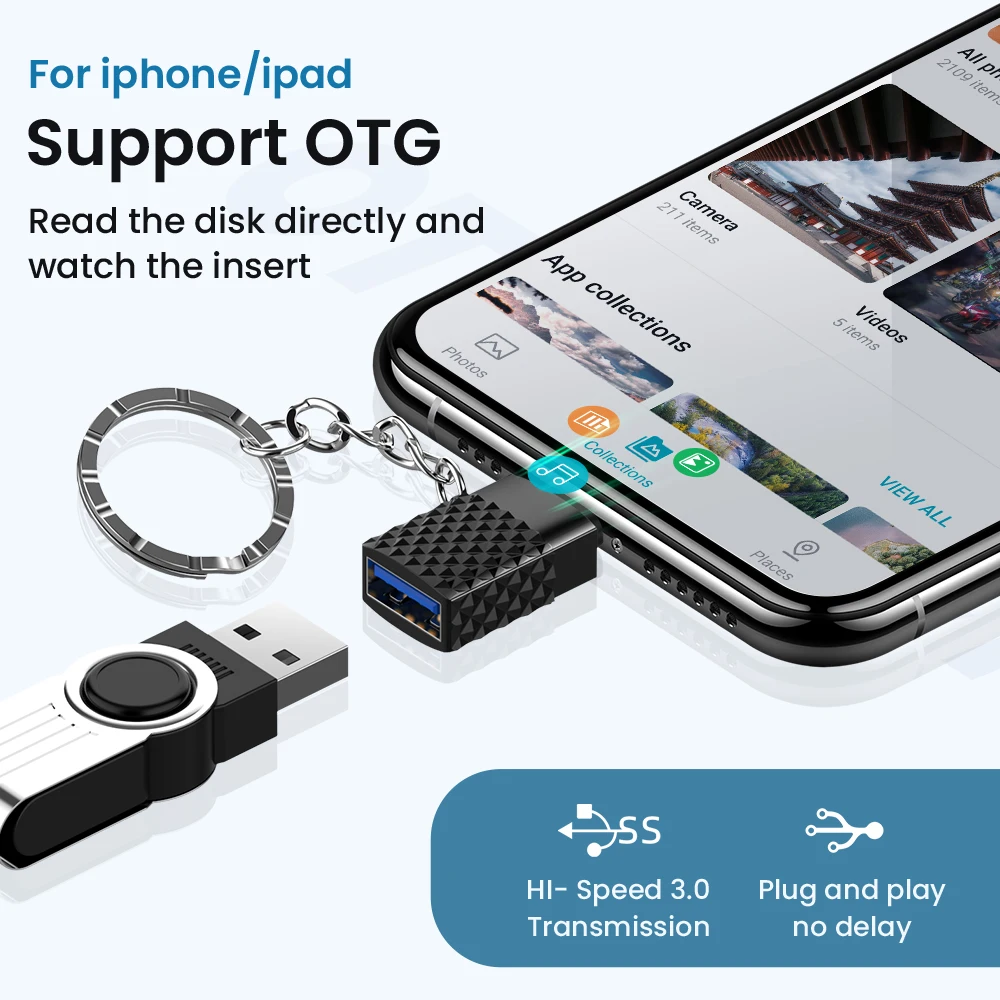 Переходник OTG для iPhone Mini USB 3 0 на Lighting 8 Pin с брелоком iOS 13 14 и выше | Мобильные