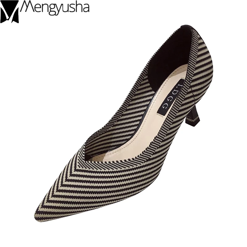Geometric patterns stripe thin high heels pointed toe cloth knitting pumps korean qualities women shoes shallow female footwear | Обувь