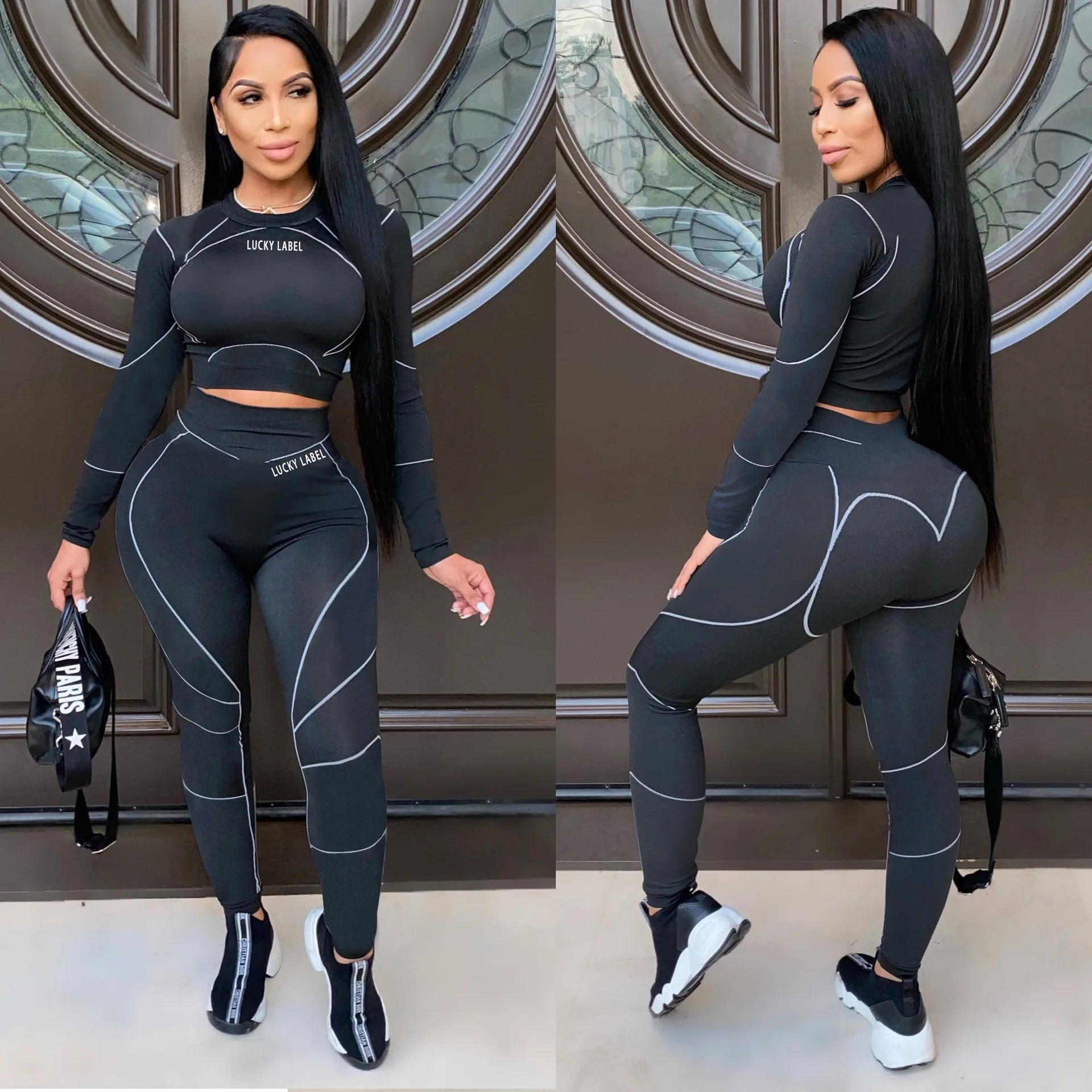 

2021 Autumn New Ladies Sports Suit Letter Printing Sports Tight Two-piece Suit