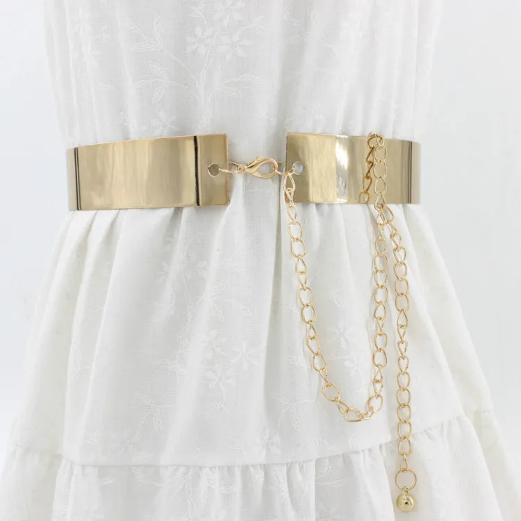 

Fashion Women Adjustable Metal Waist Belt Bling Gold Silver Color Plate Vintage Lady Simple Chains Belts Mirror Waistband 2020