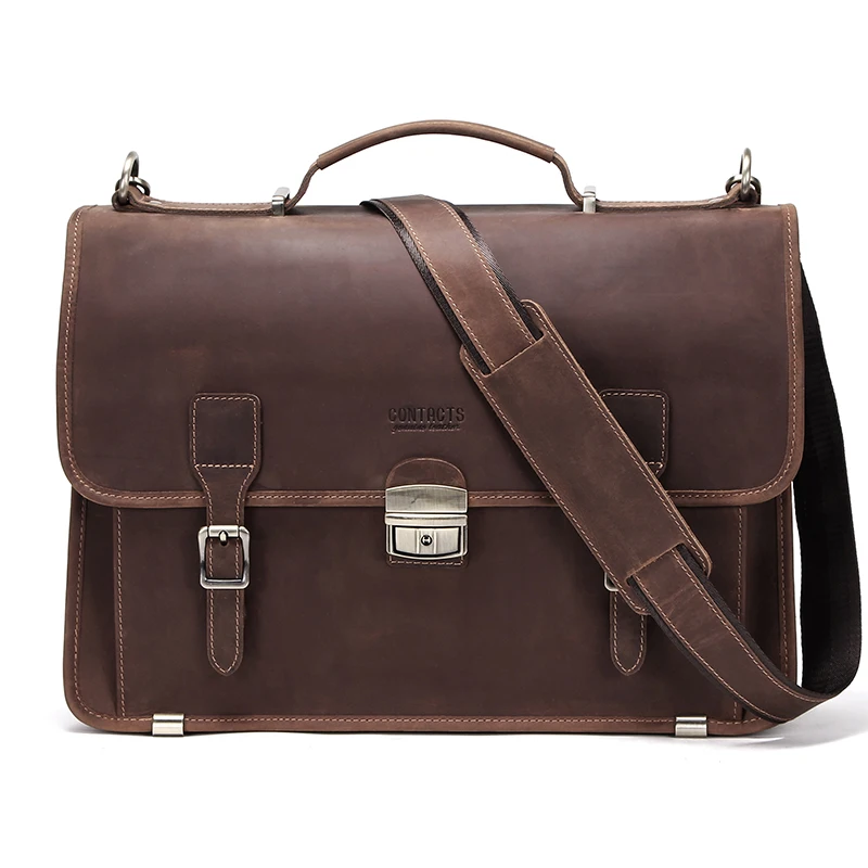 

Retro Men's Bag Crazy Horse Leather Men Briefcase Laptop Bag for 14 inch Male Business Shoulder Bags Large Capacity