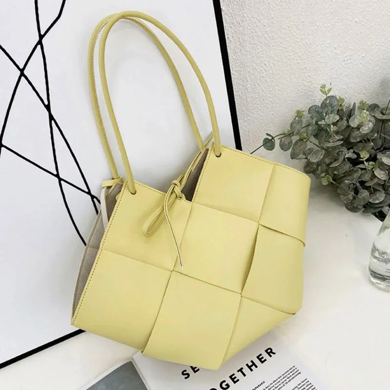 Luxury Designer Handbags Women Woven PU Plain Shoulder Casual Tote Bags Ladies Large Capacity Shopping Bags