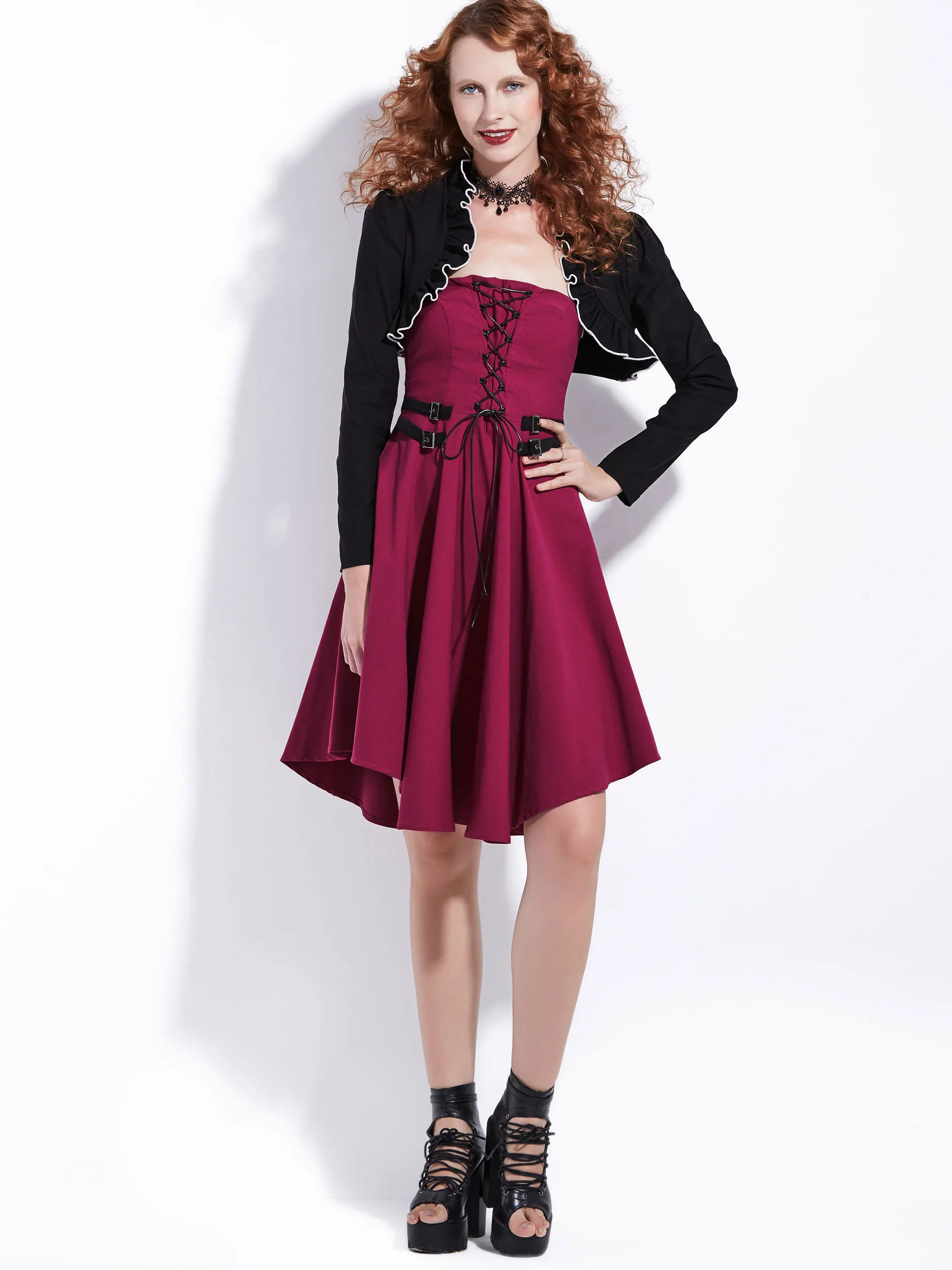 

Rosetic Gothic Dress Lace Up Black Patchwork Strapless Bandage Pink Retro Dresses Vintage Female Spring Summer Mini Dresses