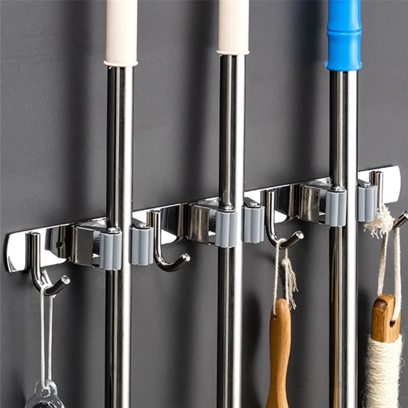 

Wall Mounted Broom Holder Mop Brush Mops Storage Hanger with Hook Multifunctional Stainless Steel Kitchen Bathroom Organizer