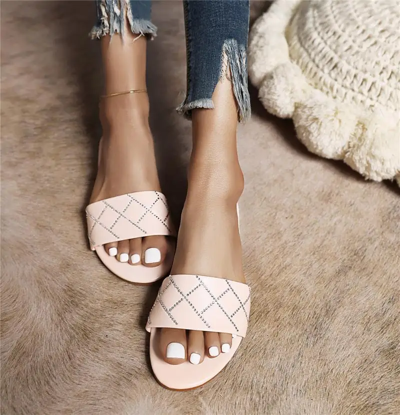 

2021 Women Casual Slippers Open Toe Flat Non-Slip Solid Color Female Slippers Summer Rhinestone Outdoor Comfort Soft Footwear