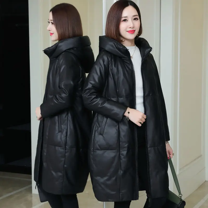 PU Leather Cotton Jackets Women Long Section 2022Winter New Hooded Coat Down Cotton Jacket Plus Velvet Female Overwear