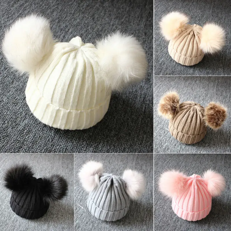 Sombrero abrigado tejido con bolas peludas y Pomp&oacute;n para beb&eacute;, gorro de invierno para ni&ntilde;o y ni&ntilde;a, pomp&oacute;n s&oacute;lido c&aacute;lido, gorro adorable, regalos-0