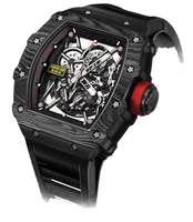 new mens automatic mechanical watch black rubber sapphire carbon fiber tourbillion calendar skeleton wristwatch