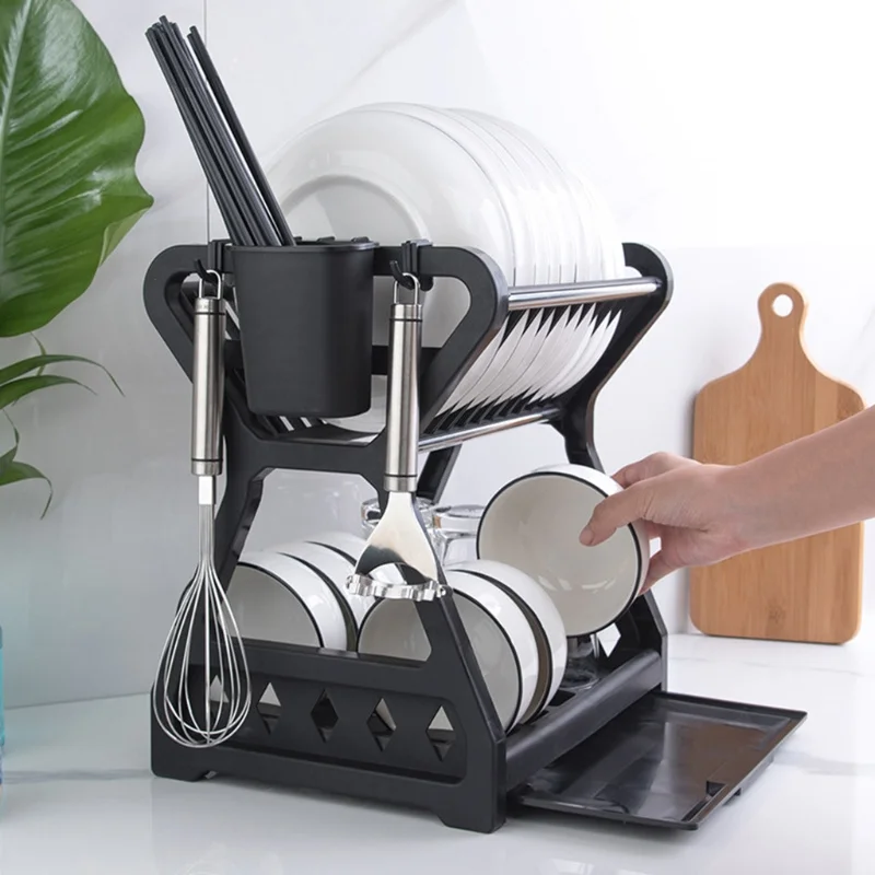 

Double-layer Kitchen Dish Bowl Draining Storage Rack Basket with Chopstick Cage