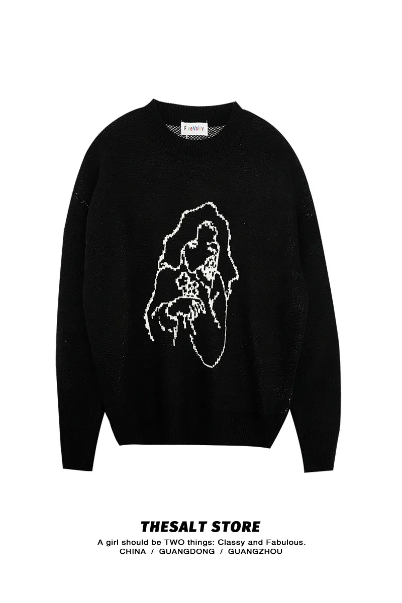 

Women Funny Pullover Sweater New 2020 Fashion Autumn Winter Long Sleeve Printed Black Knitted Sweaters Korean Style Oversize Top