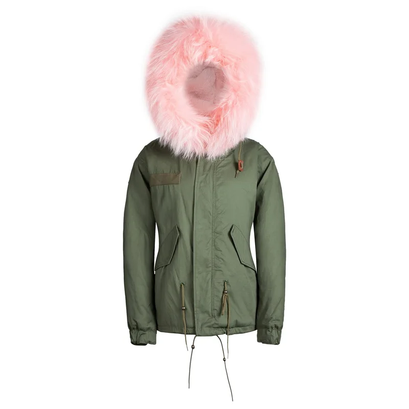 Модная розовая теплая зимняя парка с большим воротником из натурального меха