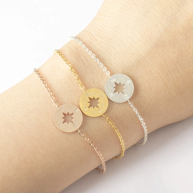 

Trendy Compass Charm Chain Bracelets For Women Men Gold Tone Stainless Steel Jewelry Couple Charms Boho Bracelet Gift