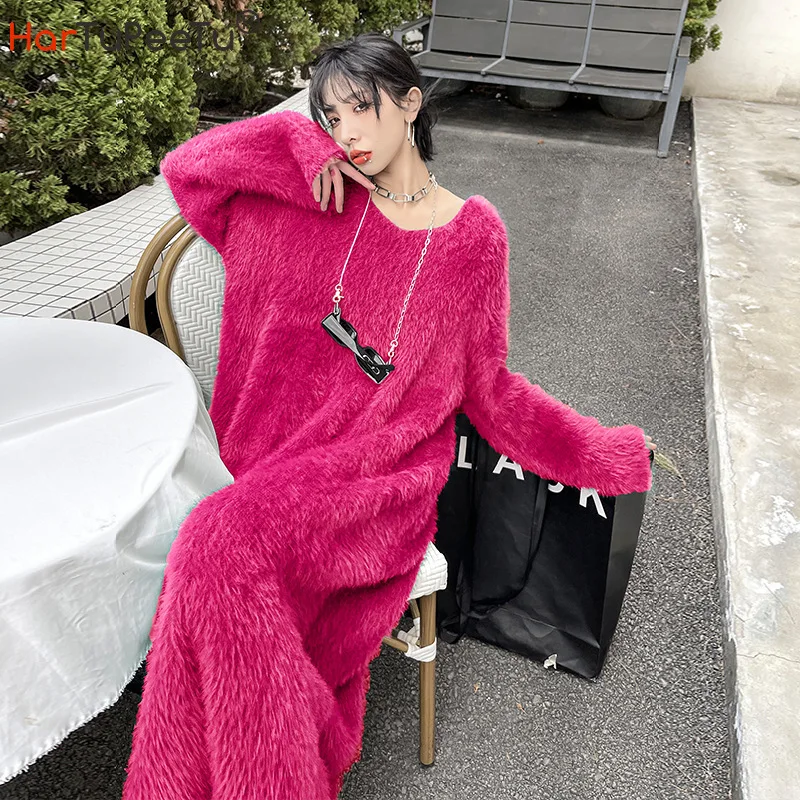

Long Sweater Dress Women Autumn Winter Insulated Faux Mink Cashmere Blend V Neck Pullover Soft and Waxy Loose Knitwear