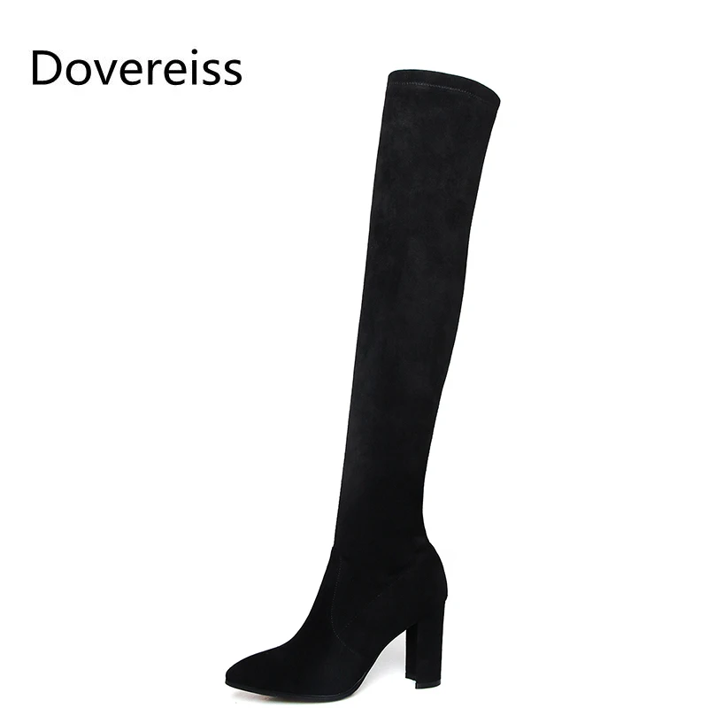 

Dovereiss Fashion Women's Shoes Winter New White Pointed Toe Sexy Elegant Chunky heels Over the knee boots Concise Mature 34-39