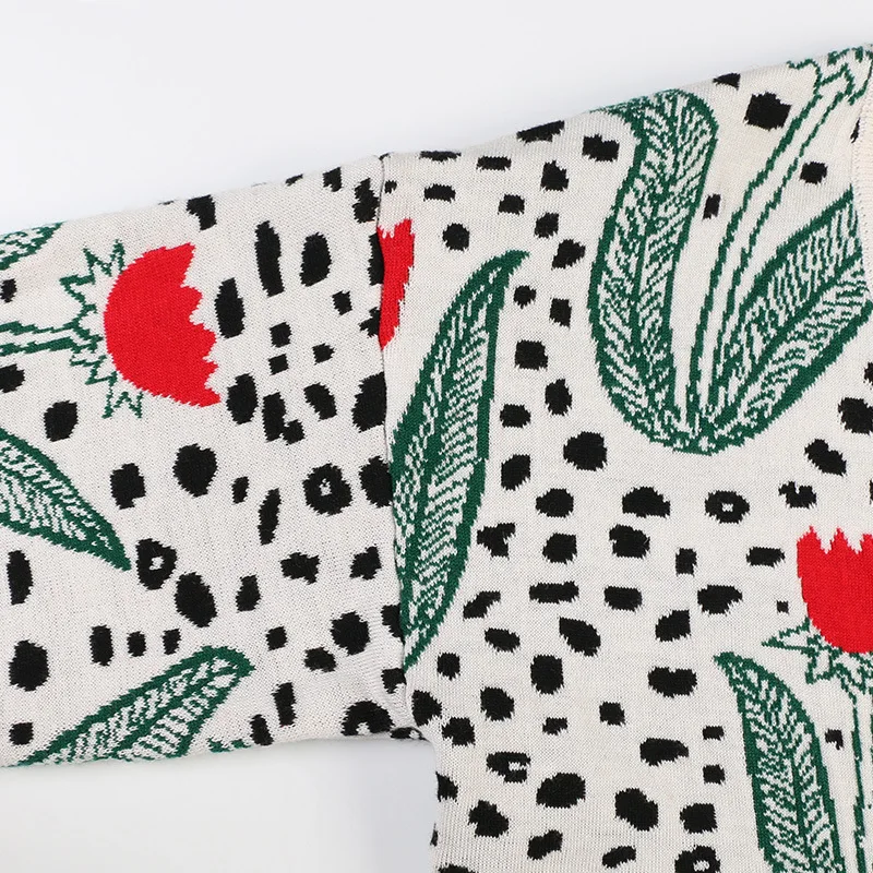 Свитер женский с цветочным принтом V образным вырезом| |