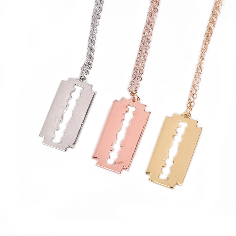 

Fashion Silver Gold Color Stainless Steel Razor Blades Pendant Necklaces Men Jewelry Steel Male Shaver Shape Necklace
