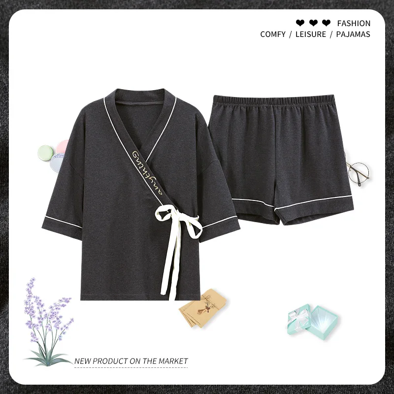 

Пижама женская летняя, милая японская хлопковая с коротким рукавом и шортами, кимоно, домашняя одежда, тонкий костюм