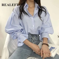 realeft vintage striped oversize womens blouse spring summer fashion lantern sleeve buttons loose female shirts tops 2021 new