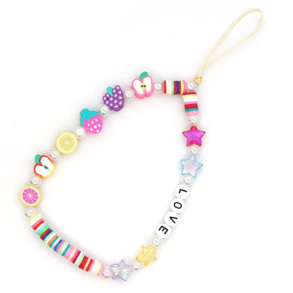 

Simple and Fashion Phone Chain Fruit Soft Ceramic Acrylic Letter LOVE Beaded Mobile Phone Lanyard Women