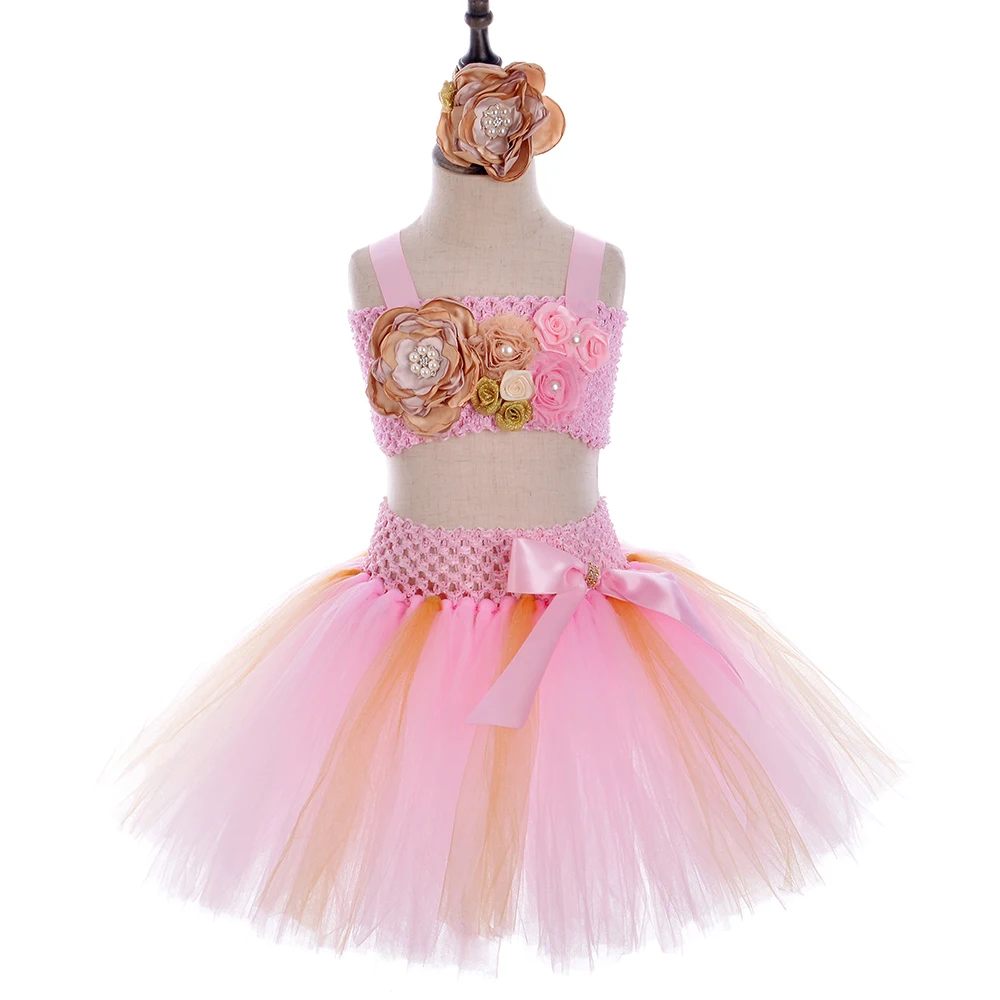 Розовое и Золотое Платье-пачка с юбкой-годе наряд принцессы тюлевые цветы