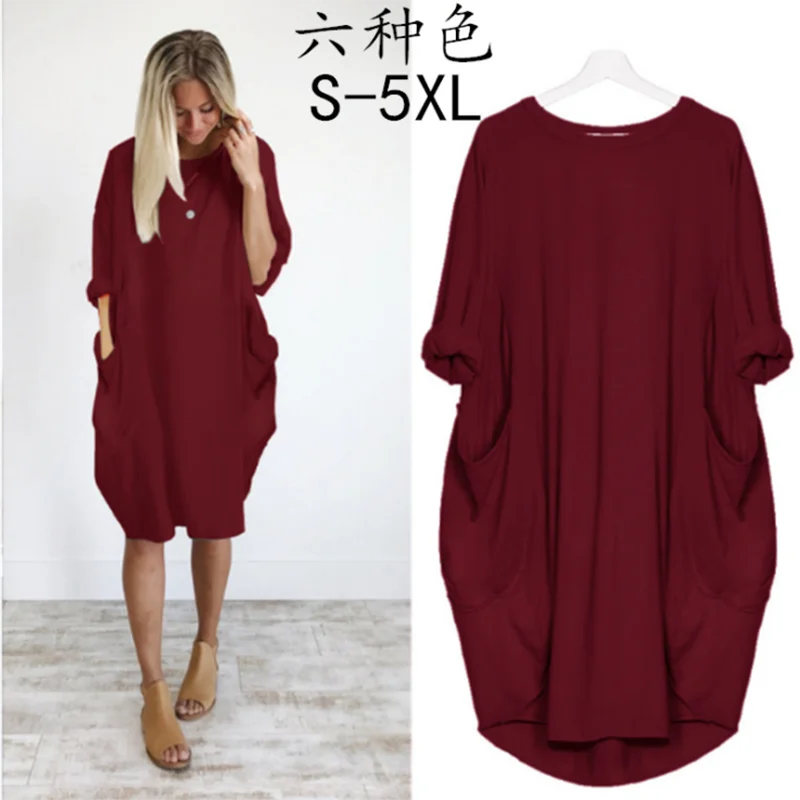 

Spring summer Women's Fashion Pocket Loose Dress Ladies Crew Neck Casual Long Girl Tops Dress Female Dresses Plus Size vestidos#