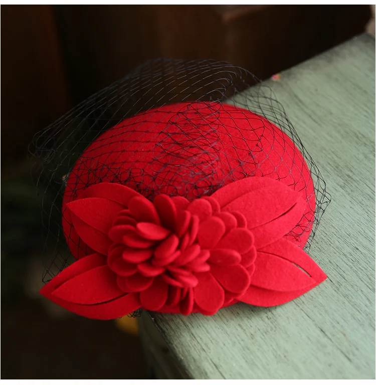 

Autumn Ladies Cocktail Party Veil Pure Wool Fedora Cap White Red Black Wedding Church Flower Beret Hat Women Winter Fascinator