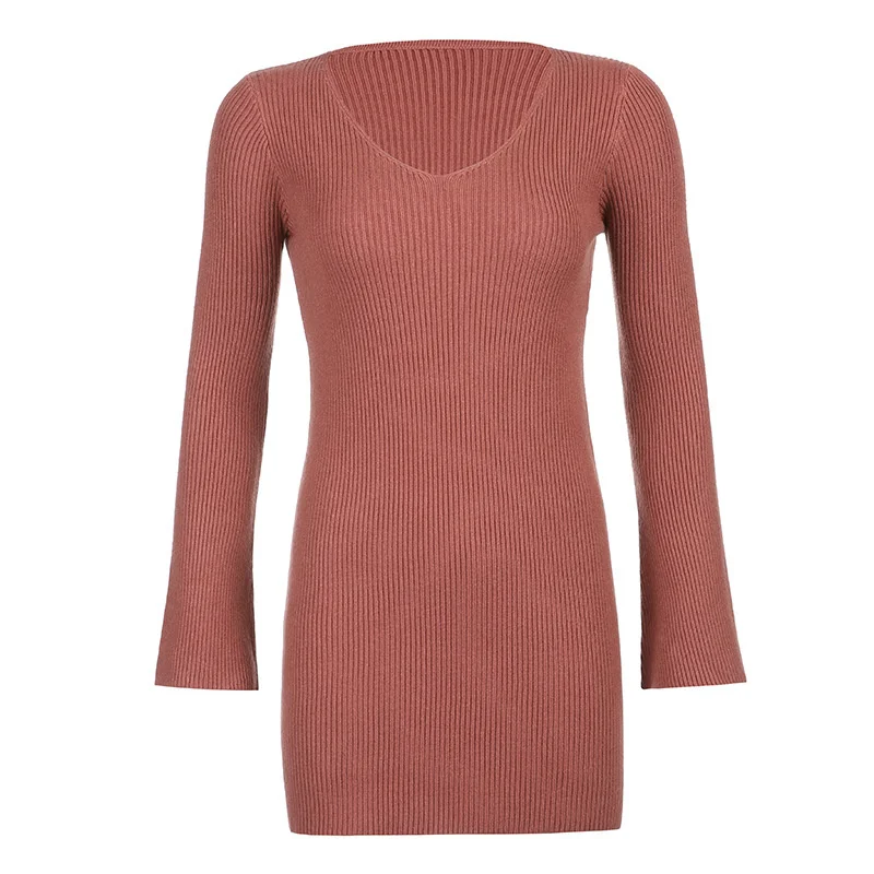 

Knitted Long Sleeve Bodycon Dress V-neck Fashion Sexy Solid Dresses 2021 Autumn Elastic Casual Party Packge Hip Elegant Dress