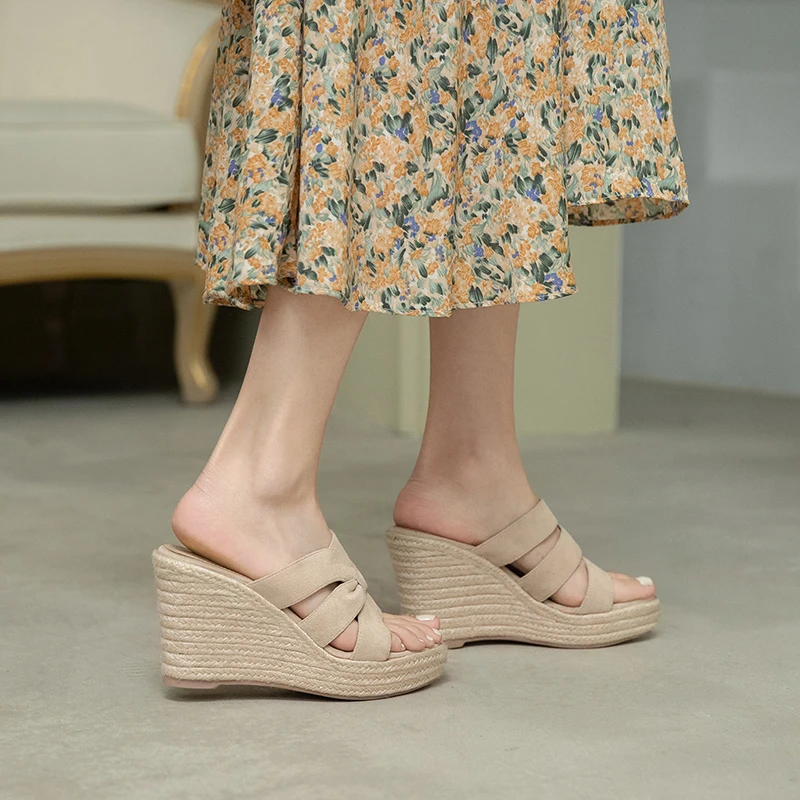 

EGONERY Women Leisure Slope Heel Slipper Round Toe summer New Style Sandals Concise Comfortable office lady Suede Solid color