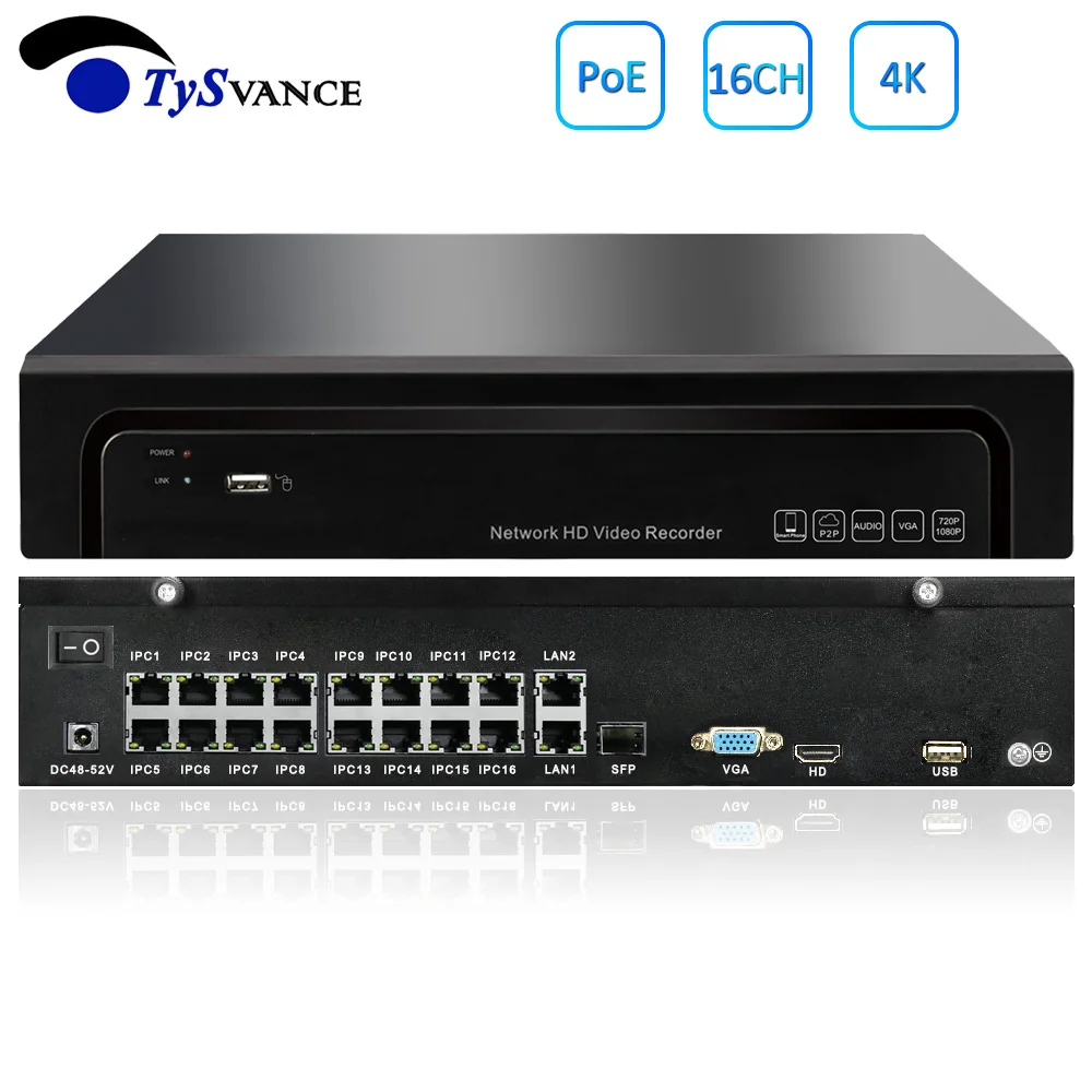 Видеорегистратор TySvance 16ch POE NVR 4K 5MP H.265 до 32ch сетевой видеорегистратор 2 HDD 24/7