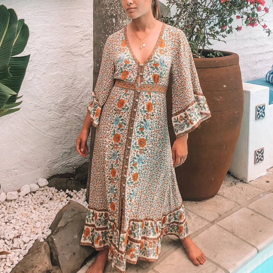 TEELYNN Gypsy Макси женские платья цвета хаки из вискозы с цветочным принтом летние платья сексуальное с v-образным вырезом с регулируемым поясом бохо платье vestidos
