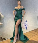 Сексуальные Зеленые плиссированные атласные вечерние платья-русалки 2022, вышитое бисером, сердечком, со шлейфом, Боковым Разрезом, вечернее женское платье для вечеринки