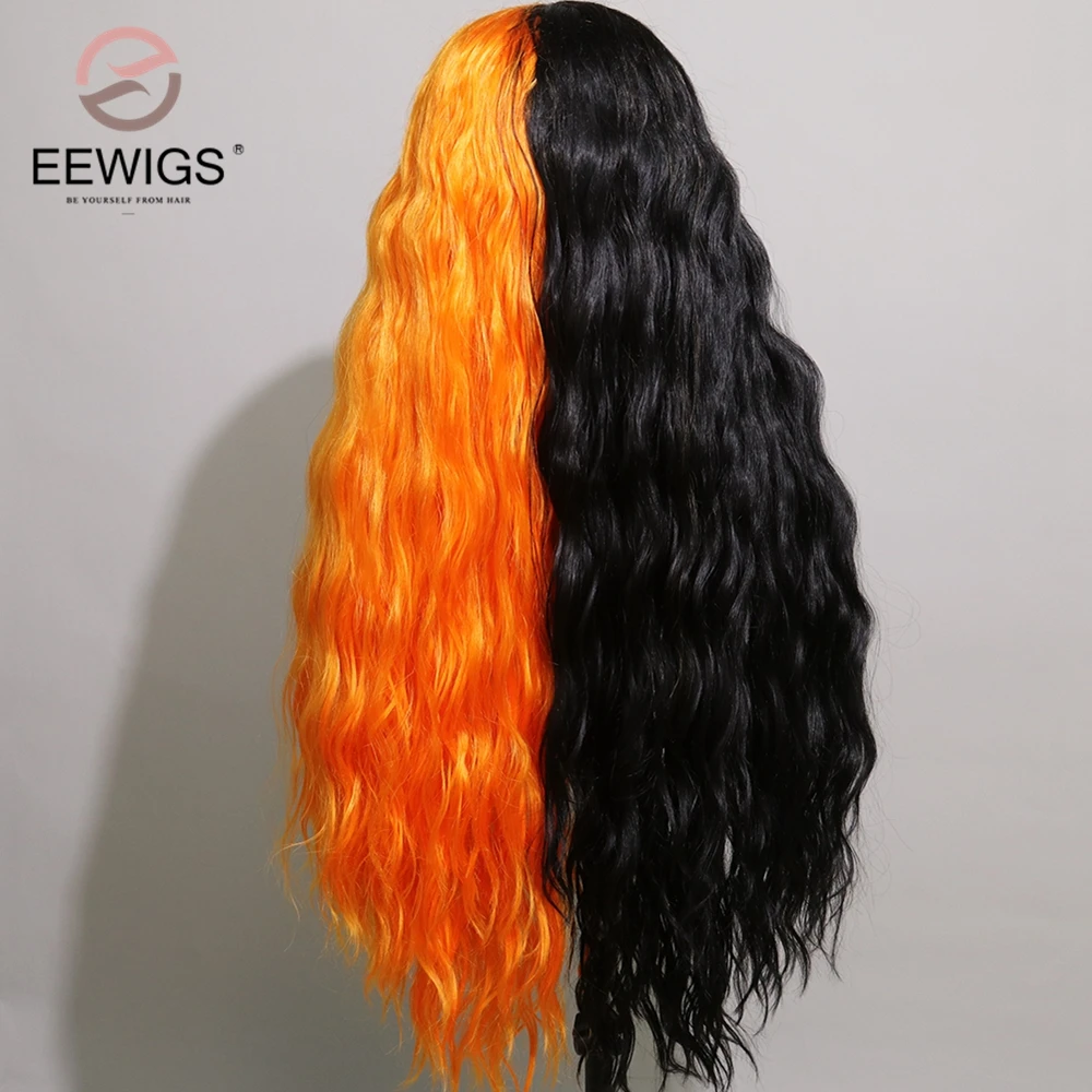 

Half Orange Half Black Wig Deep Wave Synthetic Lace Front Wig Heat Resistant Celebrity Girl Wedding Party Cosplay Wigs For Women