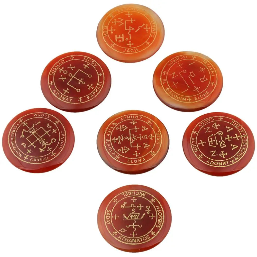 TUMBEELLUWA 1Lot (7Pc) Round Carnelian Palm Stone Engraved Magic Archangel Symbol Chakra Healing Crystal Set