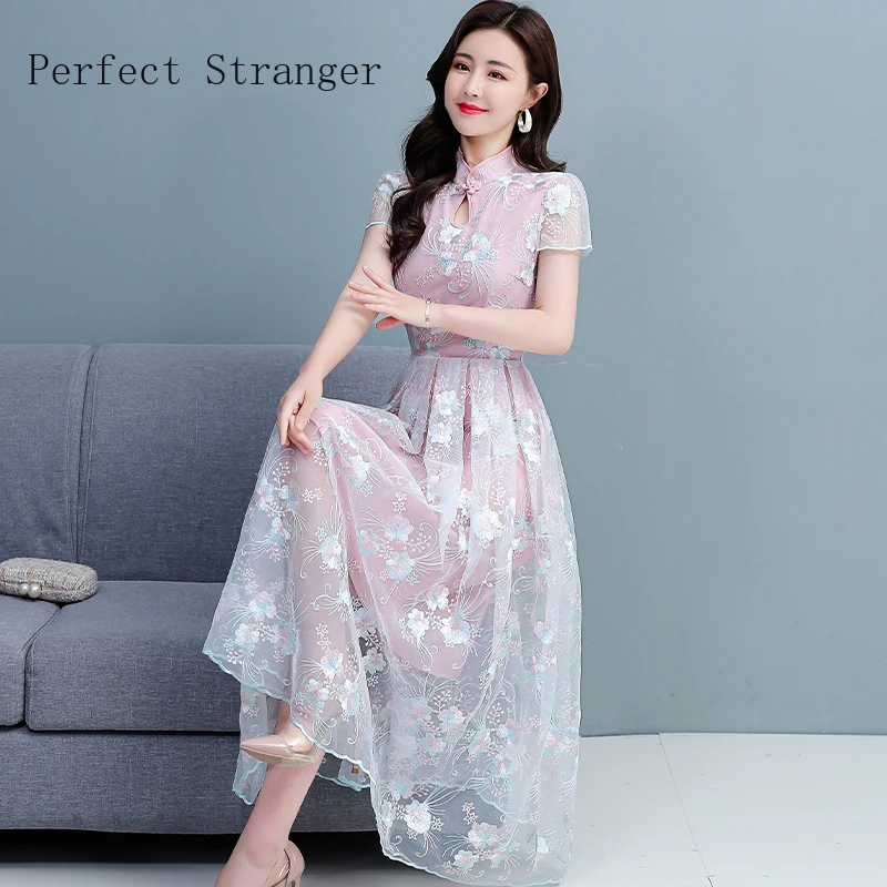 

Cheongsam High Quality 2021 Summer Dress For Women Stand Collar Floral Embroidery Short Sleeve Women Lace Long Dress